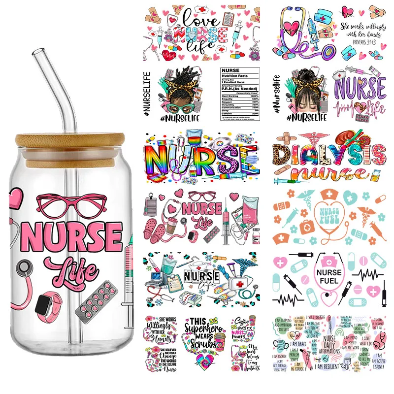 Bundle Nurse Themed UV DTF Cup Wrap Transfer Sticker for 16oz Libbey Cup DIY Logo Glass Plastic Can Selfadhesive Tumbler Sticker