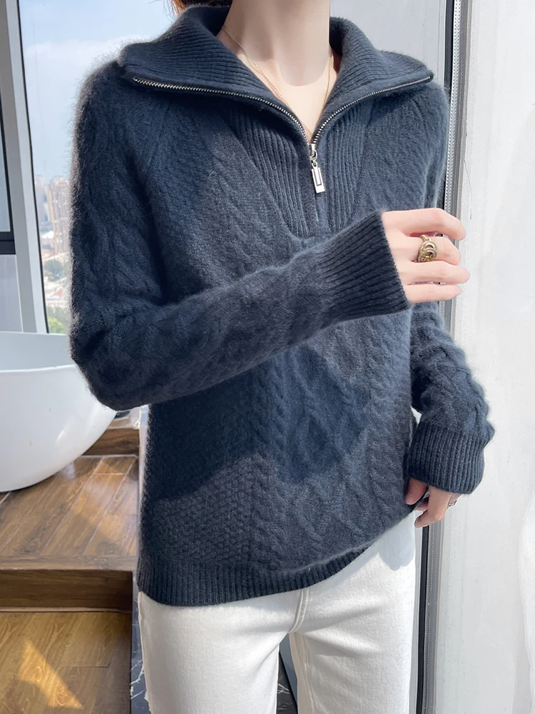

Women 100% Merino Wool Thick Sweater Zipper Collar Pullover Autumn Winter Cable Knitted Knitwear Long Sleeve Female Jumper Tops