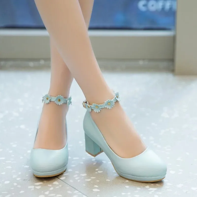 Pumps Spring and autumn fashion Round head Shallow mouth Flower Buckle Thick heel Women's shoes plus size 30-43 high 6cm