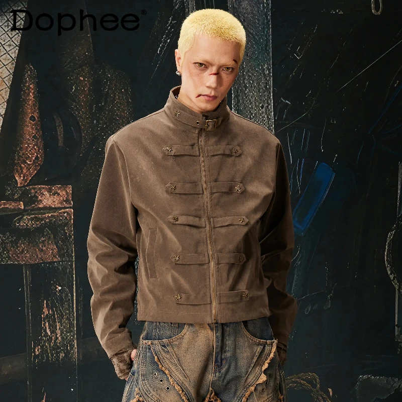 

2026 Men's Spring New Chic Tooling Stand Collar Coat Metal Decoration Zipper Jackets Male Handsome Long Sleeve Solid Color Coats