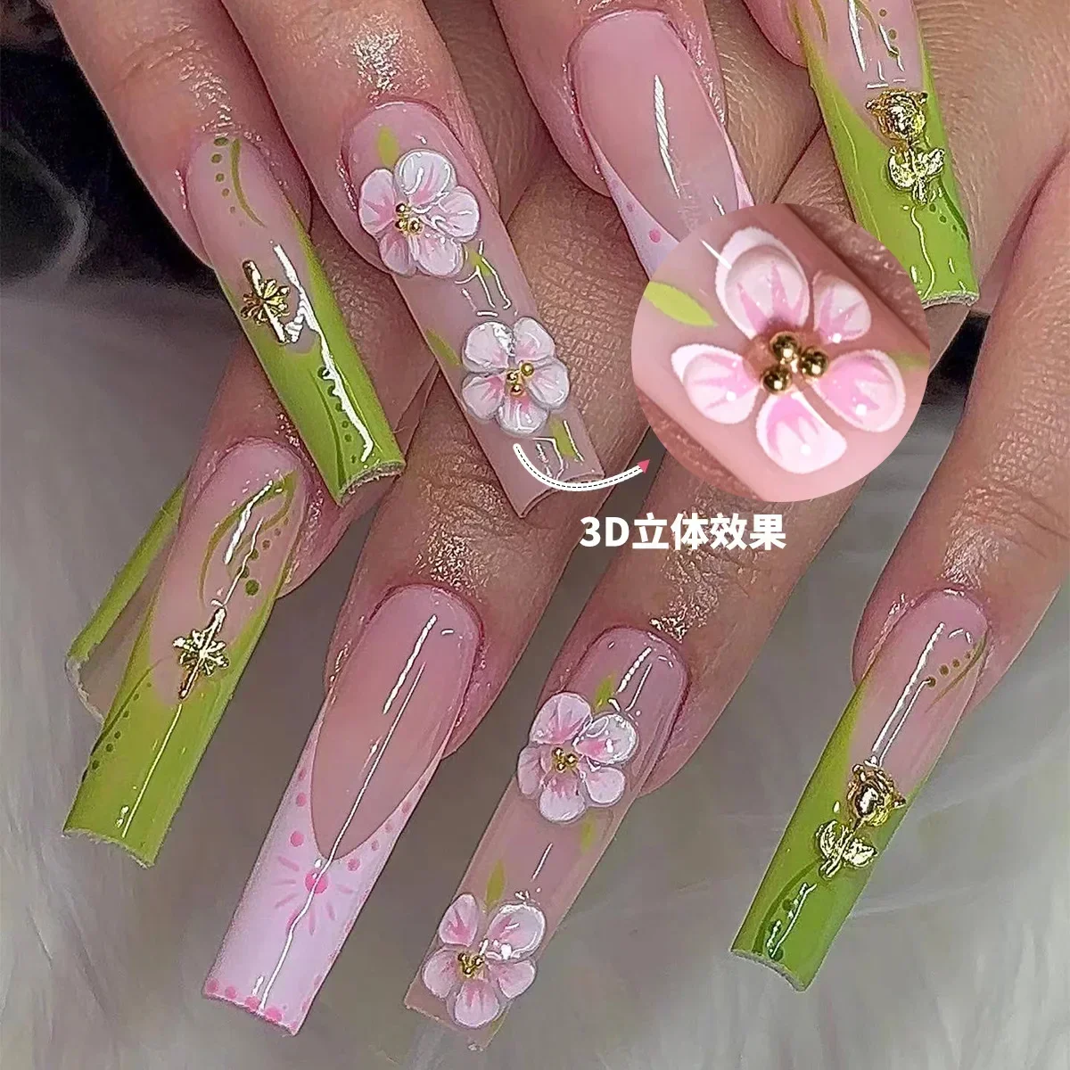 24Pcs Long Pink False Nails French Green Fake Nail with Fresh 3D Flower Designs Press on Nails Coffin Ballet Full Over Nail Tips