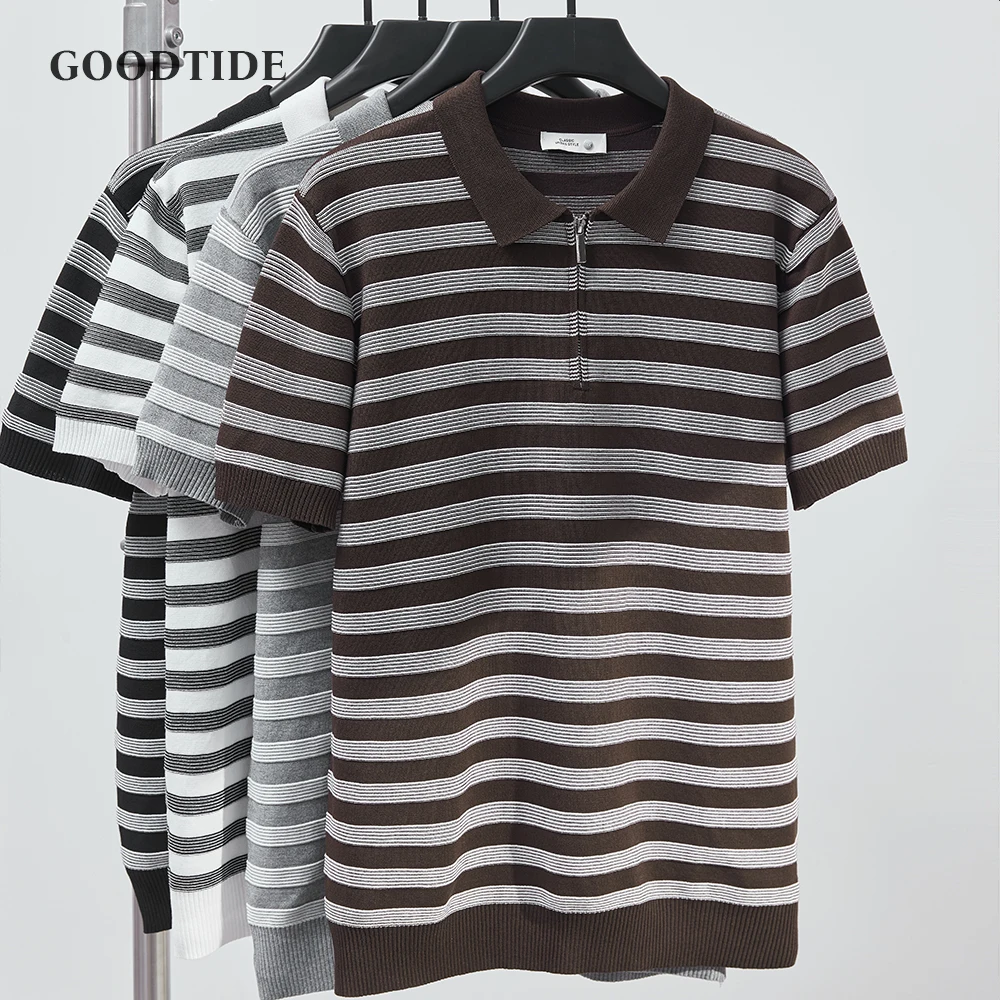 

Men's Striped Polo Shirt Summer New Lapel Half Zipper Business Office Fashion Retro Quality Short Sleeve T-shirt Tops Men