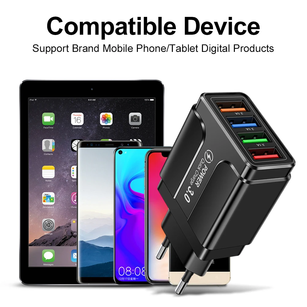 4 Ports Quick Charge 3.0 Wall Fast Charger Adapter Micro USB Fast Data Sync Charger Cable for Samsung Xiaomi Huawei Mobile Phone