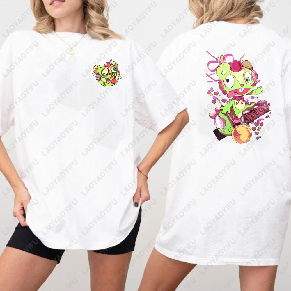 

Cute Nutty Happy Tree Friends Cartoon Character Print Cotton T-Shirt Fashion Unisex Y2k Streetwear Two-sided Printed Top