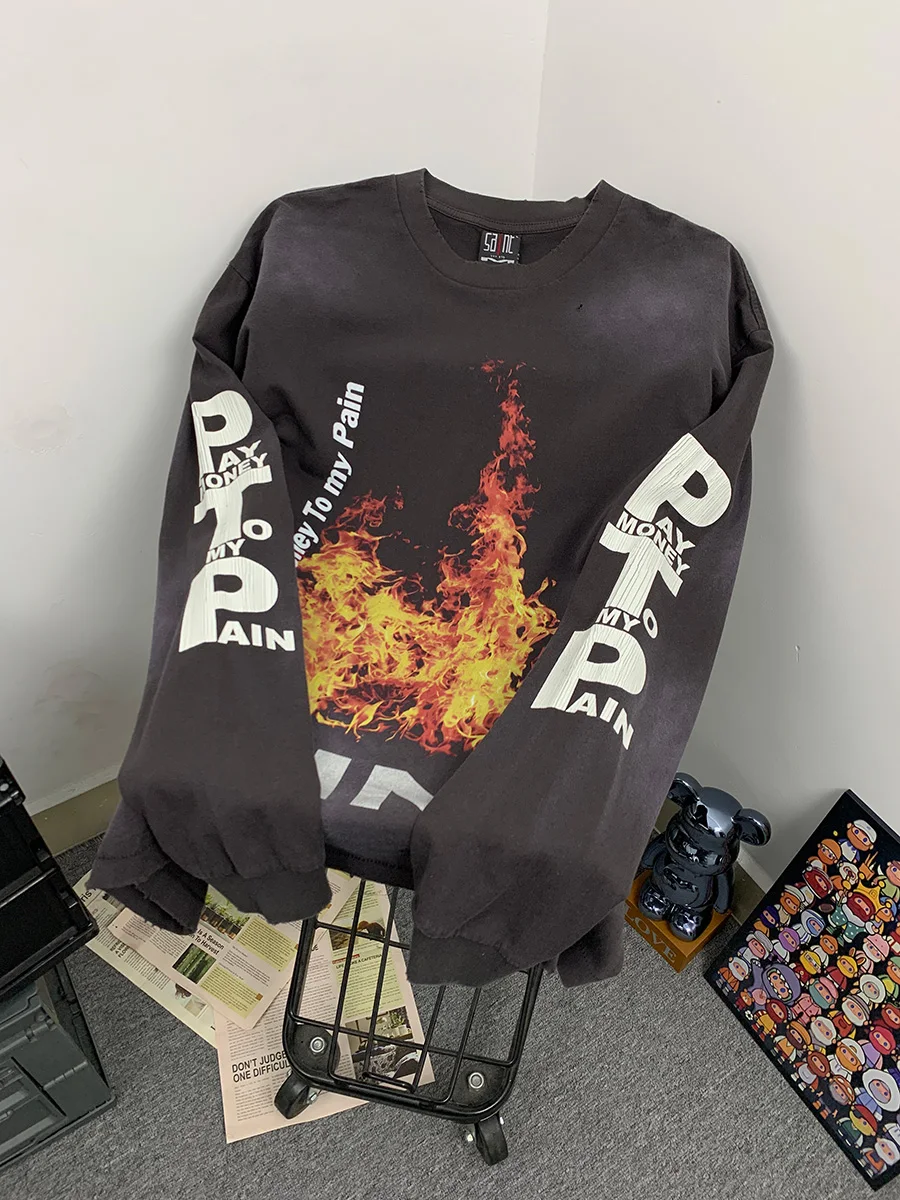 Trendy High Street Washed Vintage Loose Long Sleeve T-Shirt Unisex Flame Letter Print Cotton Casual Top for Couples