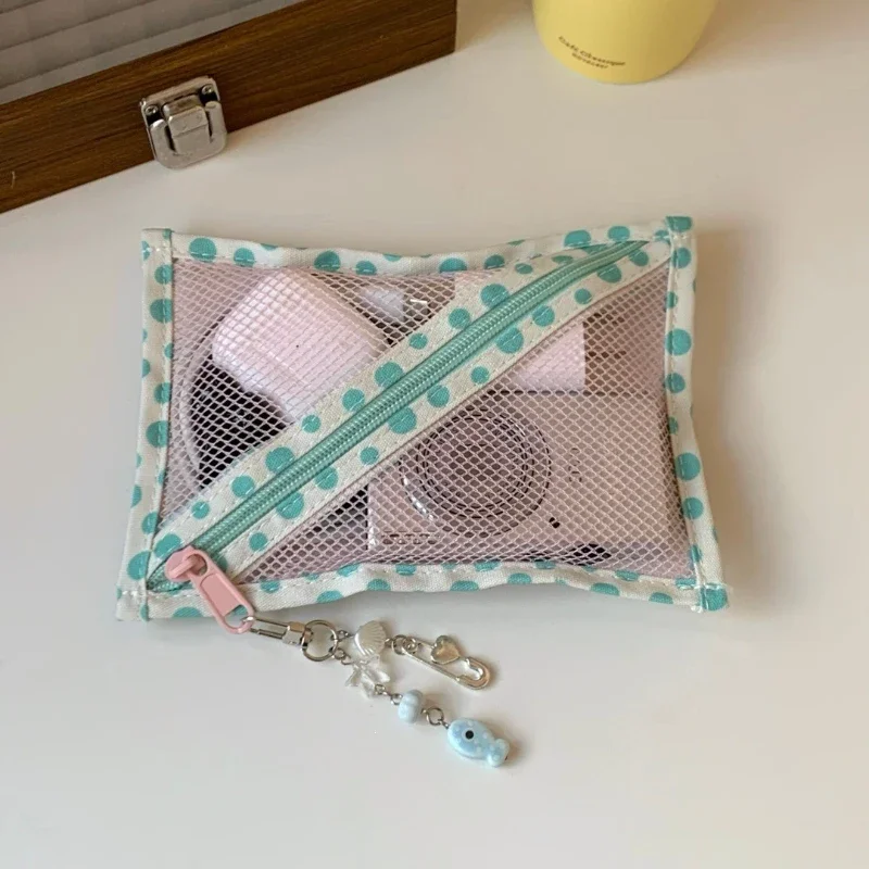 Korea Green Pink Polka Dot Mesh Makeup Bag Breathable Lightweight Travel Storage Bag Cosmetics Toiletries Organizer Small Bag