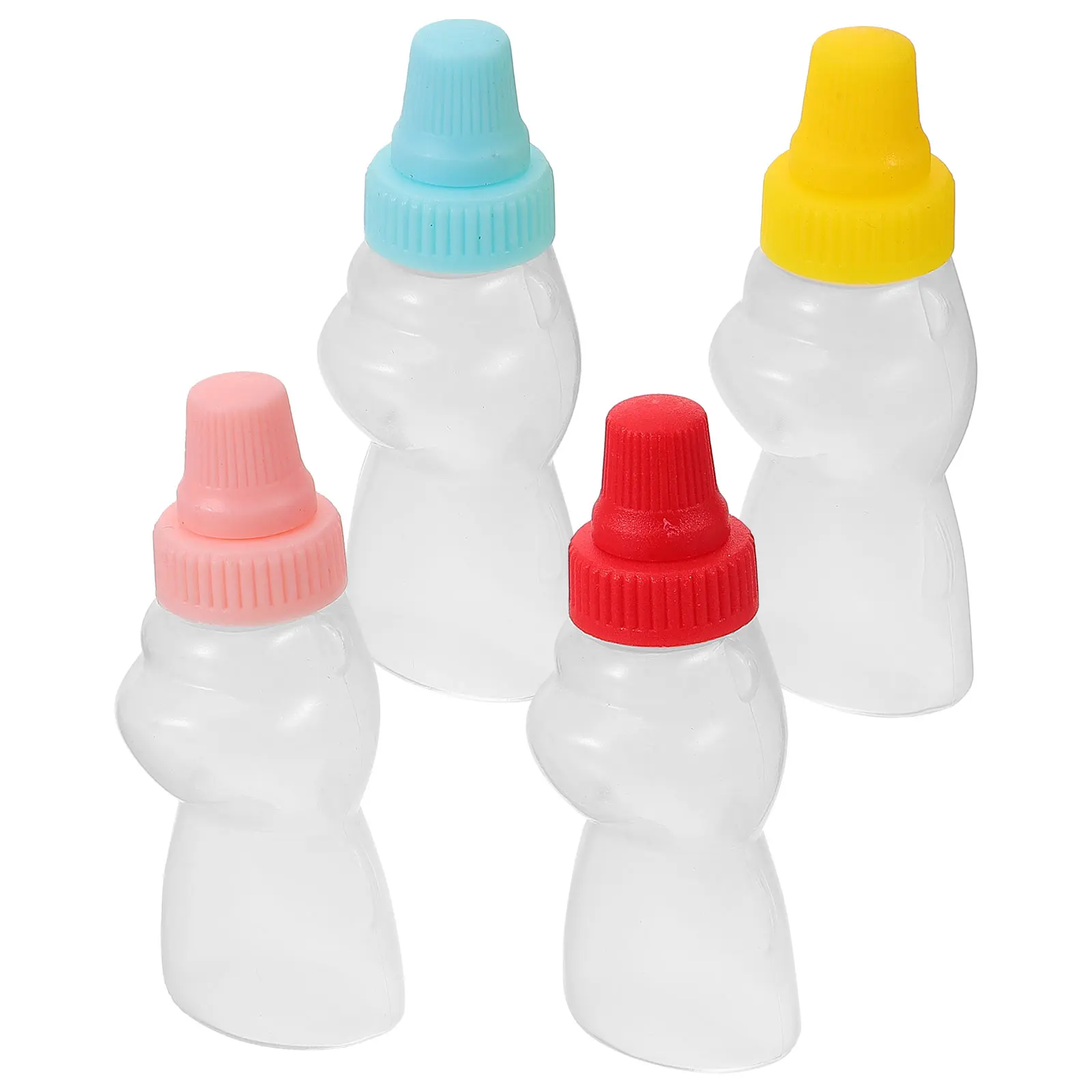 

4pcs Mini Bear Sauce Bottles Small Portable Travel Soy Sauce Containers Red Yellow Blue Pink Lids Compact Design