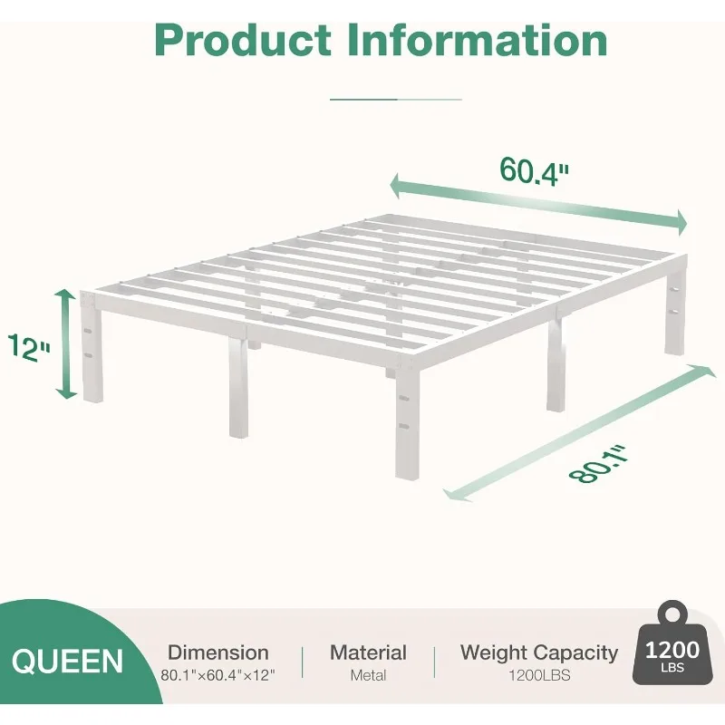 Queen Size Bed Frame, 12 Inch Metal Platform Bed Frame Queen Size with Storage Space Under Bed, Heavy Duty Steel Slat Support