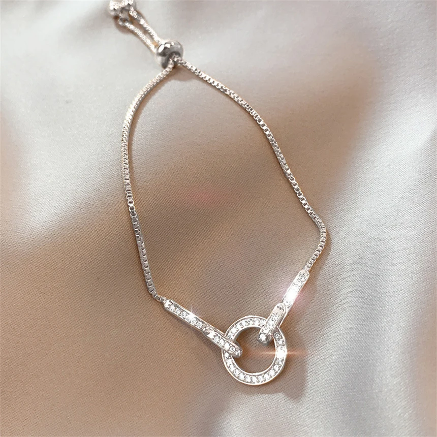 316L Stainless Steel Simple Zircon Circular Ring Adjustable Pull-Out Charm Chain Bracelet For Women Fashion Fine Jewelry Gift