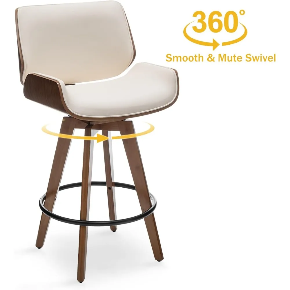 Counter Height Modern Swivel Barstools Bar Stools, 26" 360 Free Swivel Upholstered Bar Stool with Back Wood Legs