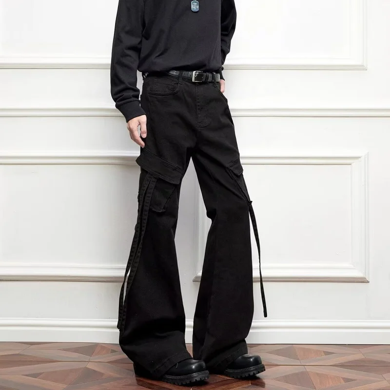 2026 Japanese Y2K Style Ribbon Design Black Slim Cargo Jeans Pants For Men Clothing Streetwear Cotton Long Trousers Moda Hombre