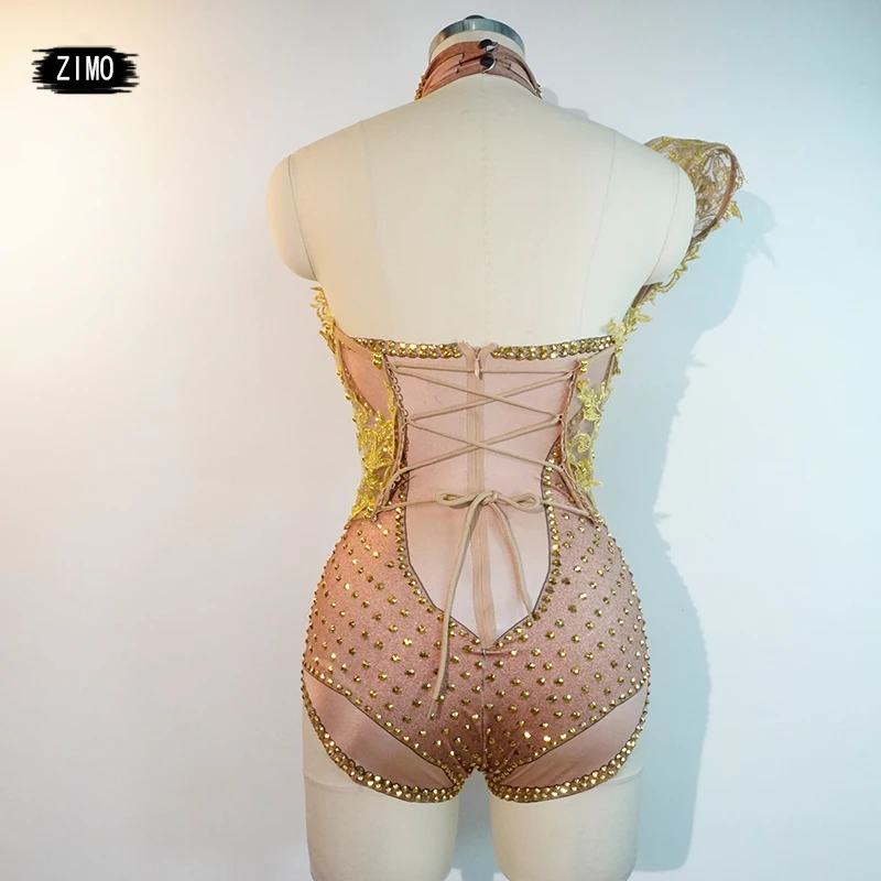 

Custom two-piece rhinestones bodysuit for women sexy Gold lace bar DS nightclub pole dance clothing performance festival stage