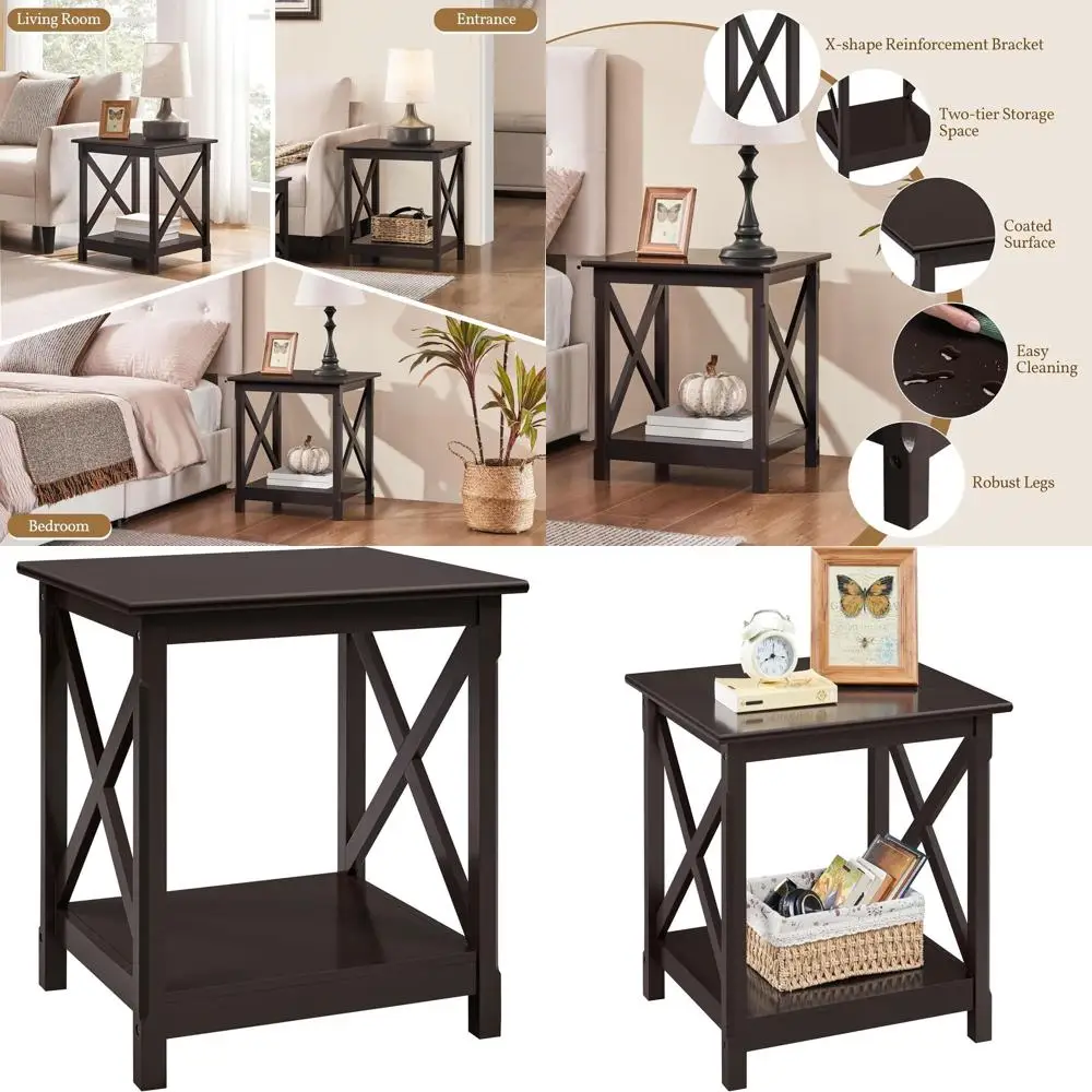 

2-Tier Pine Wood End Table with Storage, Compact and Sturdy for Living Room or Sofa Side