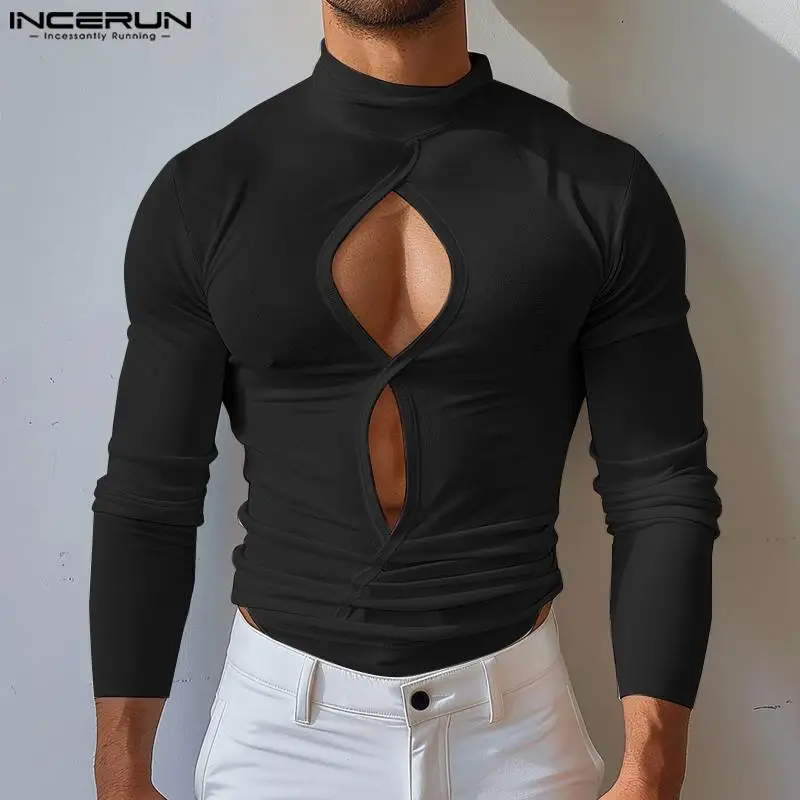 Sexy Casual Style Tops INCERUN New Men Hollow Design T-shirts Male Clubwear Hot Sale Solid Color Mid Sleeve Camiseta S-5XL 2024