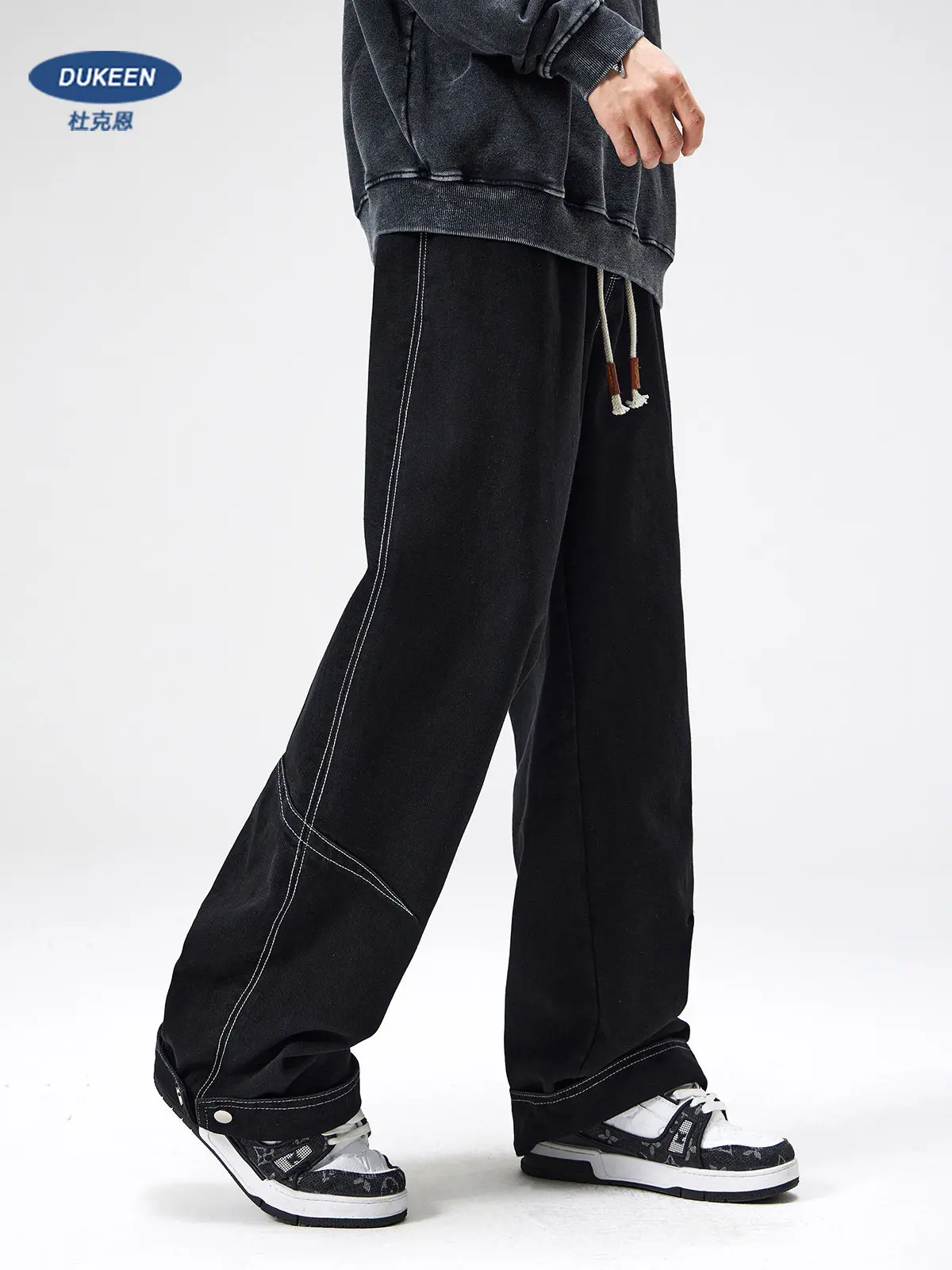 

DUKEEN Men's Heavyweight Straight Leg Denim Jeans Vintage Street Style Loose Wide Leg Pants Retro Contrast Stitch Trousers