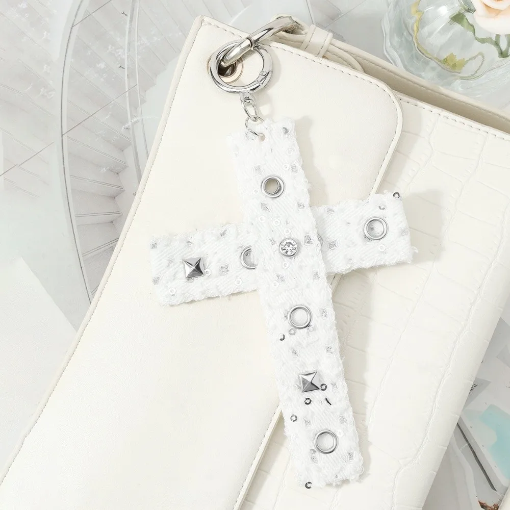 Unique Star Rivet Bow Keychain Ribbon Punk Cross Pendant Gothic Leopard Print Y2K Keyring Backpack Decor