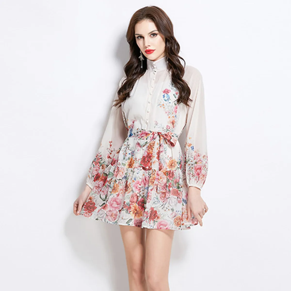 2025 Spring and Summer Vacation Women Clothing New Floral Oil Painting Style Printed Chiffon Standing Collar Short Dresses