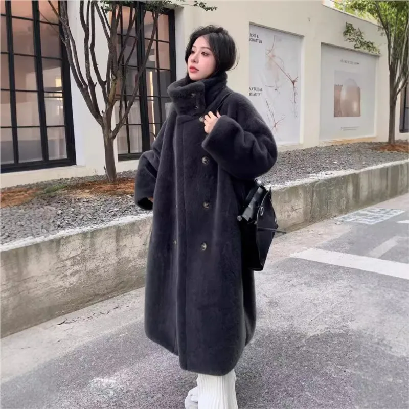 High-stand-up collar mixed fur and long coat loose plus-size double-breasted