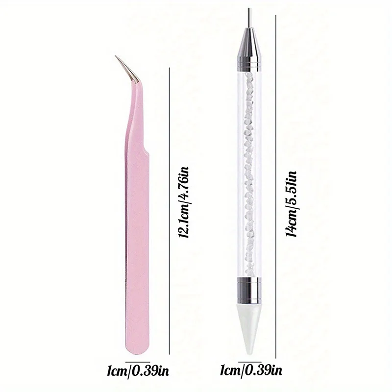 2Pcs set of manicure double-ended diamond pens with diamond-encrusted crayons with stainless steel tweezers nail art grafting
