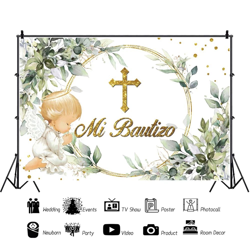 Mi Bautizo Background Angel Cross Wooden Wall Sign Banner Baptism Decorations Baby Christening Backdrop Photo Props Photography