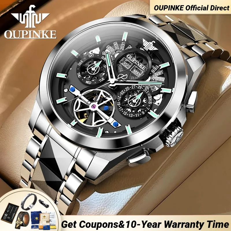 OUPINKE Multi functional Watch for Men Flywheel Design Chronograph Date Year Tungsten steel Sapphire Mirror Male Wristwatch