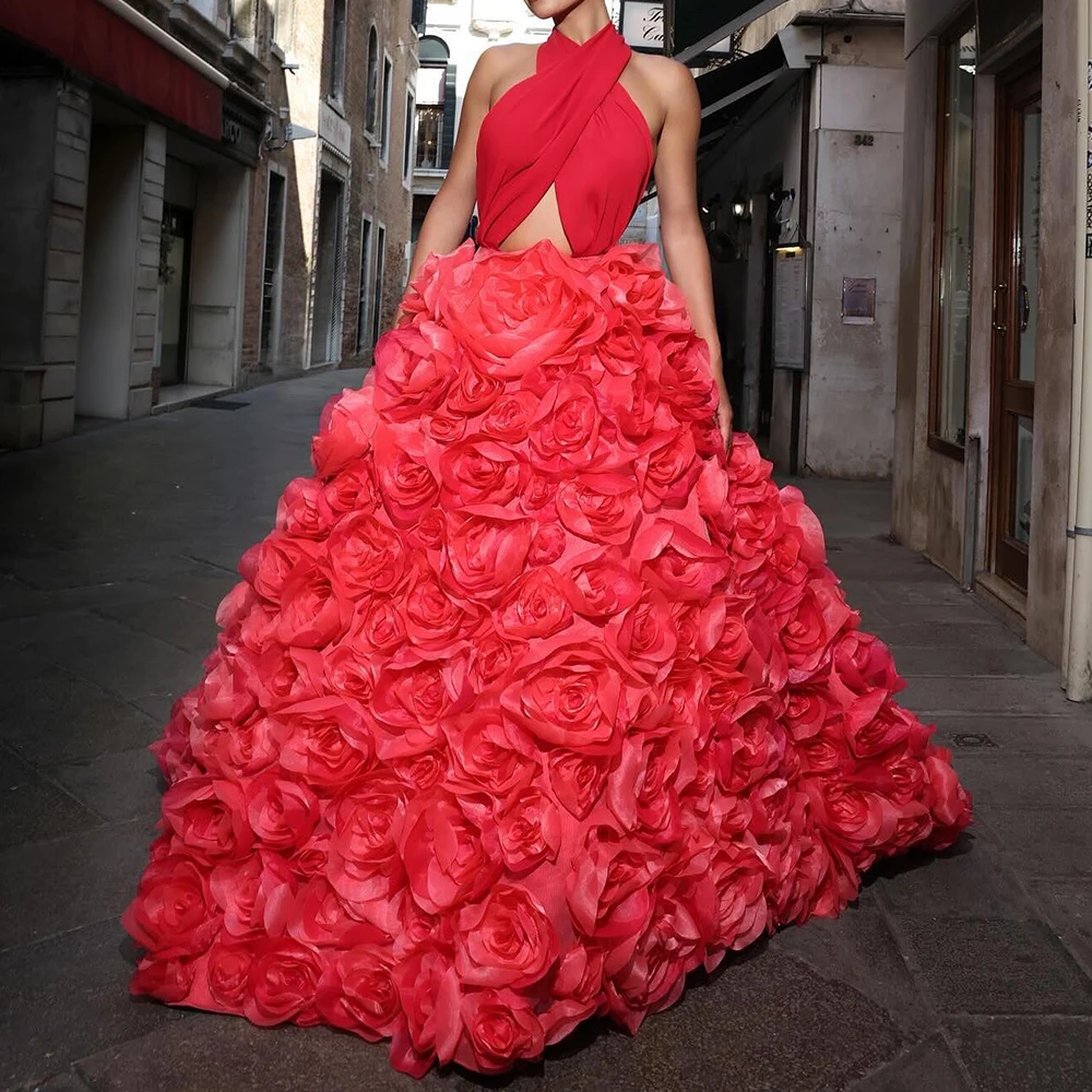 

Customized Organza A-Line Halter Flowers Evening Dress Floor Length Sleeveless Panel Train Red Delicate Vestidos de fiesta