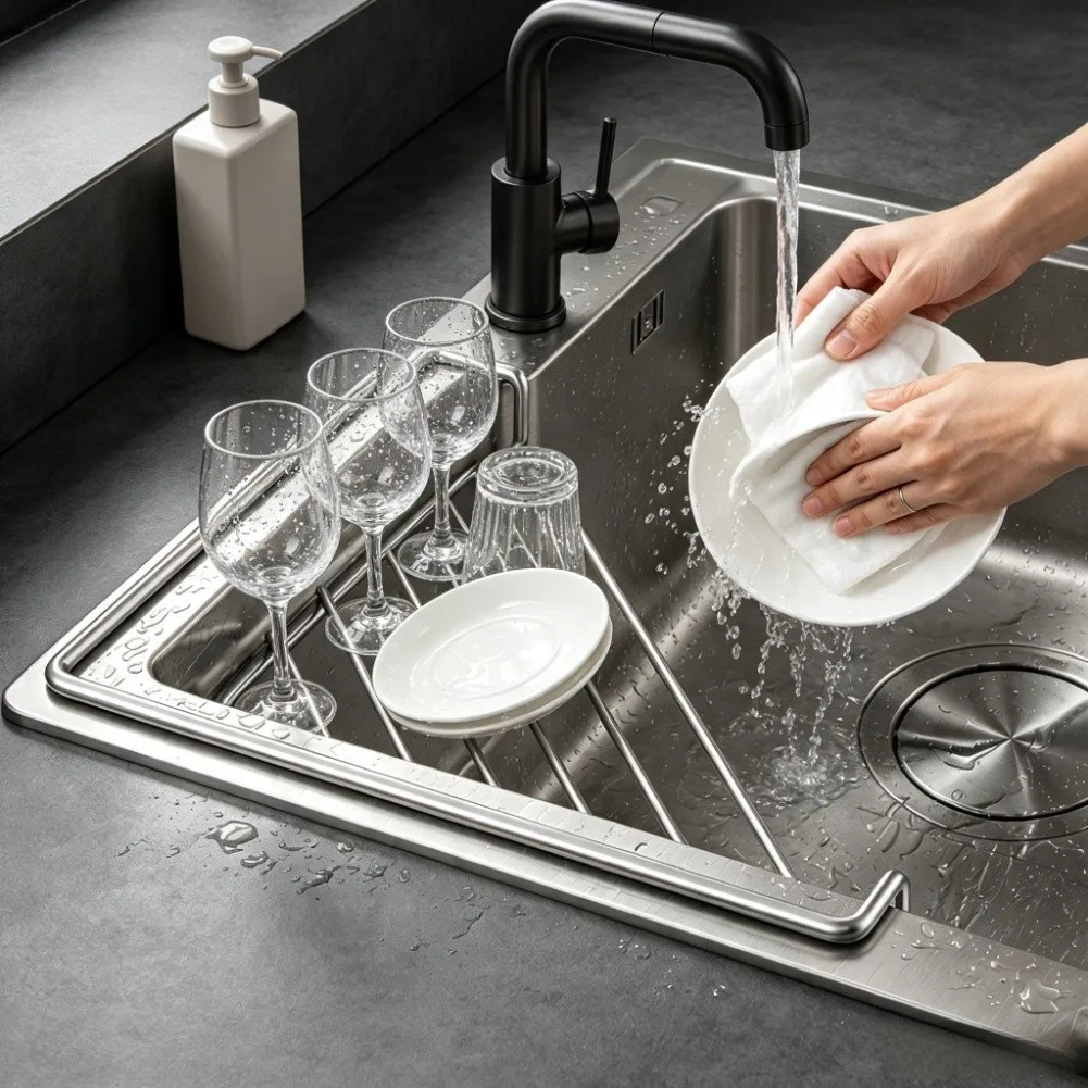 Stainless Steel Drain Rack for Kitchen Sink Corner Compact Triangular Design for Sponge Scouring Pad Drying 31x22x2.5cm