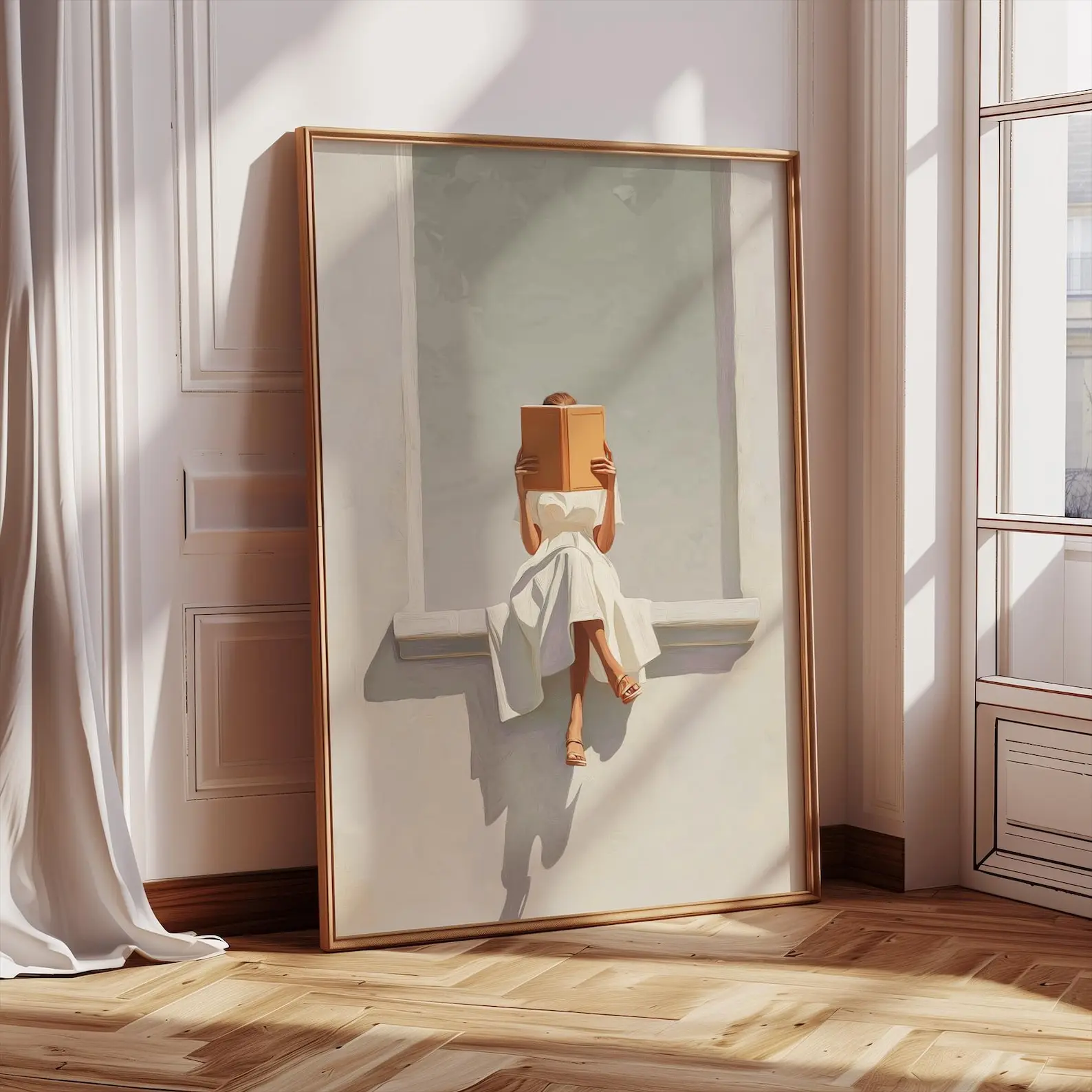 Impression sur toile d'une femme abstraite moderne lisant un livre - Affiche minimaliste neutre sans cadre pour la décoration du salon et de la chambre à coucher