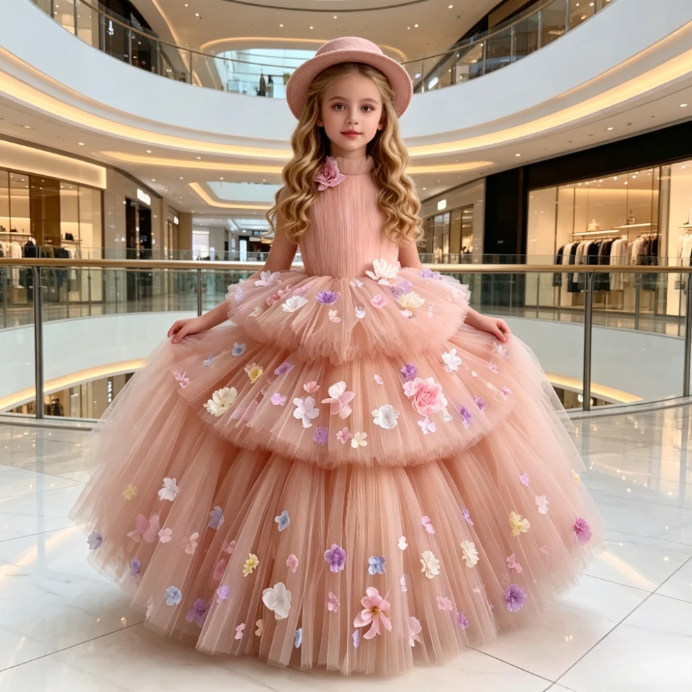 Girl Girls Multi Layer Tutu Birthday Princess Gown CostumeChildren Light Pink Sleeveless 3D Floral Kids Formal Wedding Flower