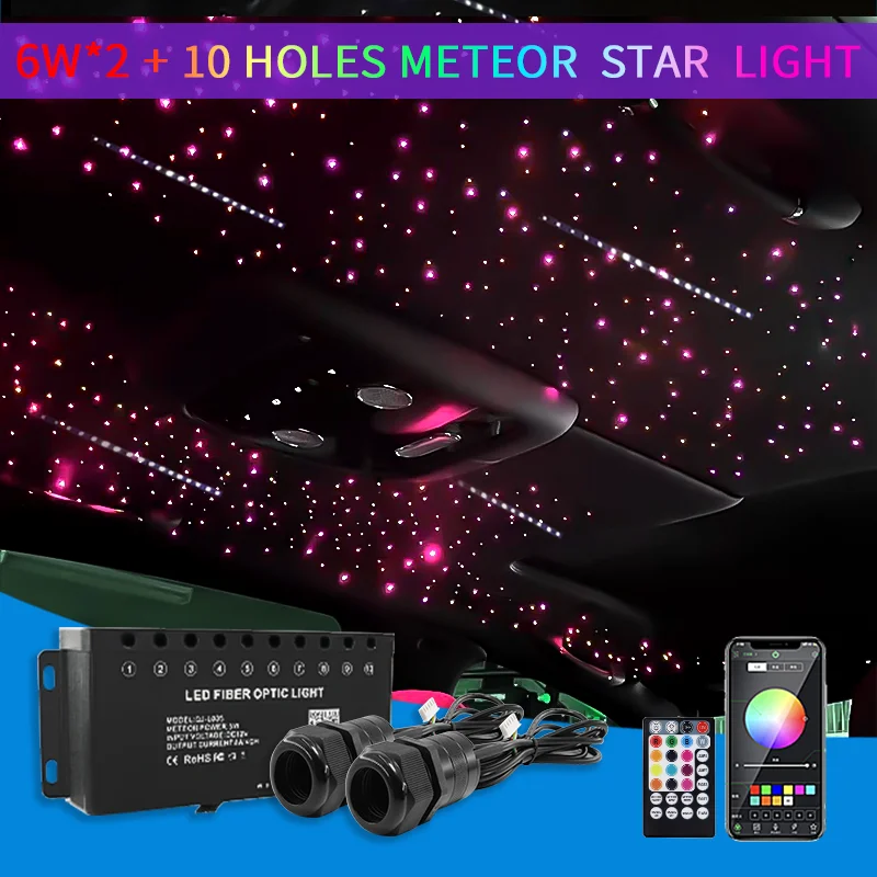 

6W *2 Pieces Car Starry Sky with 5W 10 holes Meteor Fiber Optic Light Car Roof Star Light Multi Color APP Control Car Home Decor