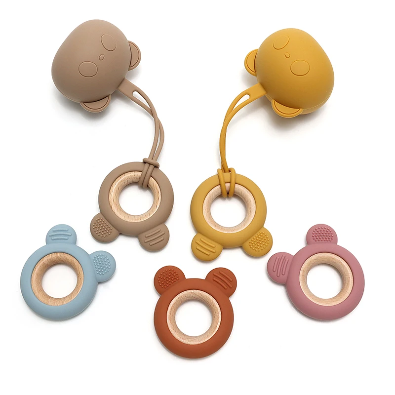 1PC Wooden Ring Teether Toy Newborn Nursing Teething Toys Fidget Toys Silicone Children Cute Chewing Toy Baby Accessories