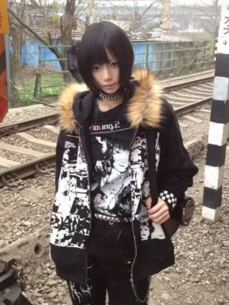 American Vintage Outwear Zipper Letter Pattern Long Sleeve Pure Color Fashion Pocket Subculture Faux Fur Hooded Grunge Autumn