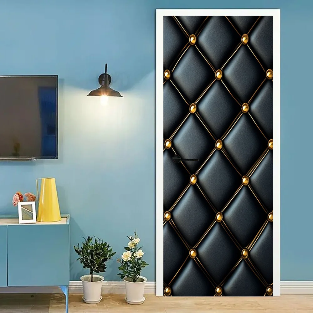 A Pair of Black Leather Door Decals with Golden Lines, Glossy Door Stickers for Decoration, a Removable Diamond Grid Mural, Text