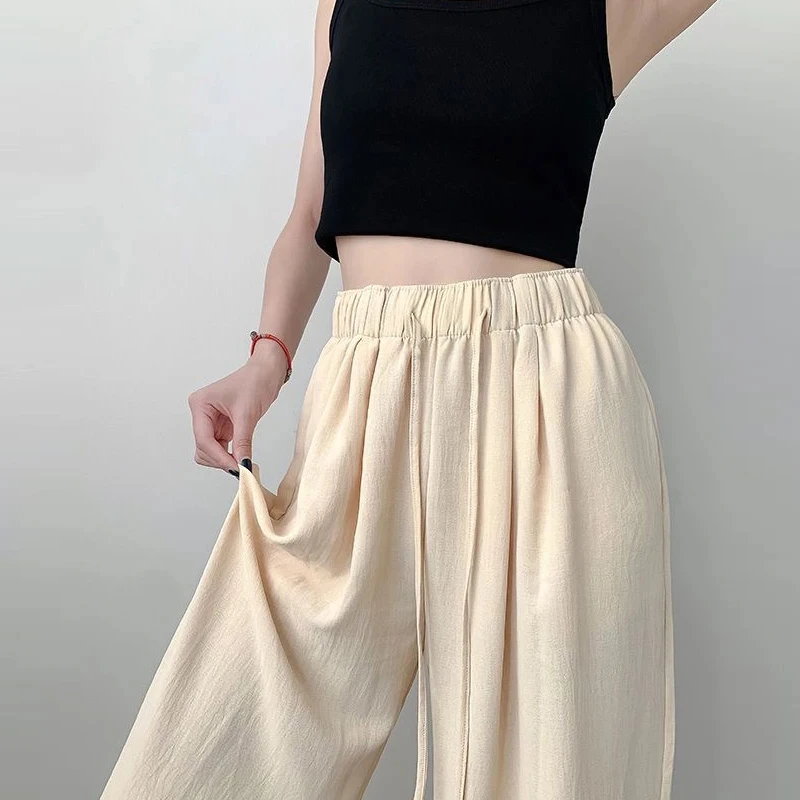 Back to School Summer Women's New Fashion Thin Japanese Ice Silk Wide-Leg High-Waisted Straight Draped Anti-Wrinkle Casual Pants