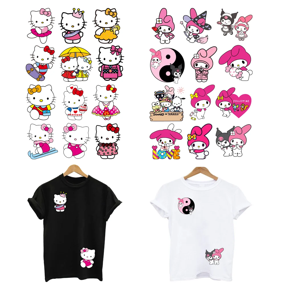 12PCS/Lot Kuromi Hello Kitty Cute Iron On Patch Heat Thermal Transfer Sticker Ironing Applications For Children's Clothing Kids