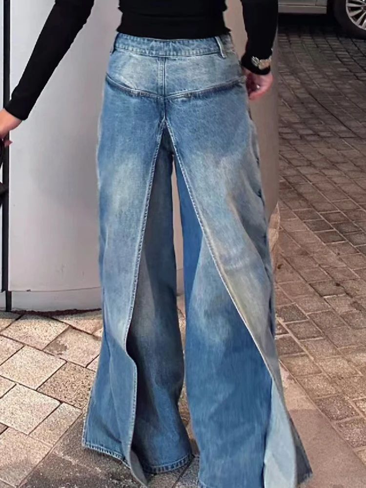 Imagem -04 - Deat-calça Jeans de Cintura Alta Feminina Dois Jeans Soltos Falsos Frente e Costas Desconstrução Moda Novo Inverno 2023 7ab2797