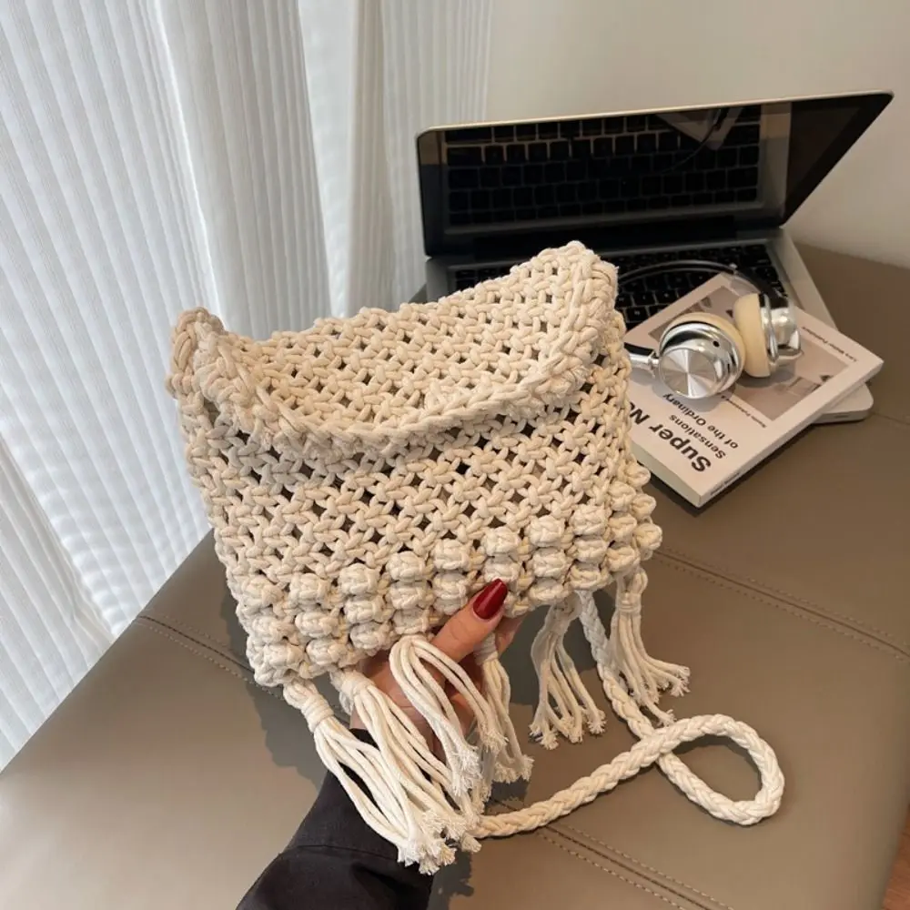 

Hollow Out Cotton Thread Woven Bag Beach Handbag Bohemian Style Tassel Beach Bag Large Capacity Crochet Hollow Shoulder Bag