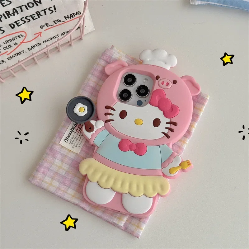 Funda de teléfono 3D Kawaii con bonitos dibujos de Hello Kitty Chef para iPhone 16 15 14 13 12 Pro Max, funda protectora suave de silicona a prueba de golpes