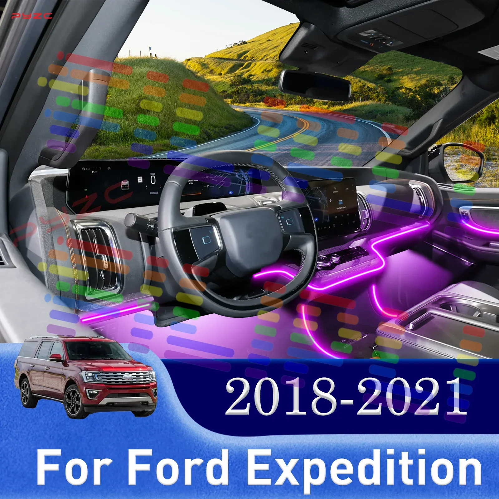 

Для Ford Expedition салон автомобиля декоративный окружающий свет RGB 64-цветный светодиодный быстросъемный монтажный комплект для 2018-2021 гг.