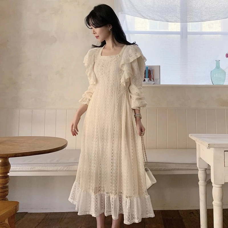 우아한 가을 긴팔 레이스 훅 디자인 스플라이스 거즈 엣지 드레스 시크 스퀘어 칼라 헤비 워크 드레스 (젊은 여성용)