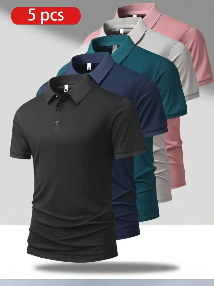 

5pcs Men's Lightweight Breathable Short Sleeve Polo Shirts, Casual Summer Fit