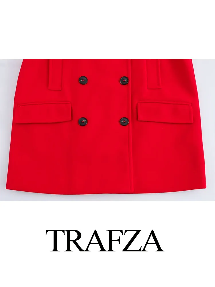 TRAFZA Women New Fashion Coats Red Turn-Down Collar Long Sleeves Pockets Double Breasted Female Winter Casual Loose Coats