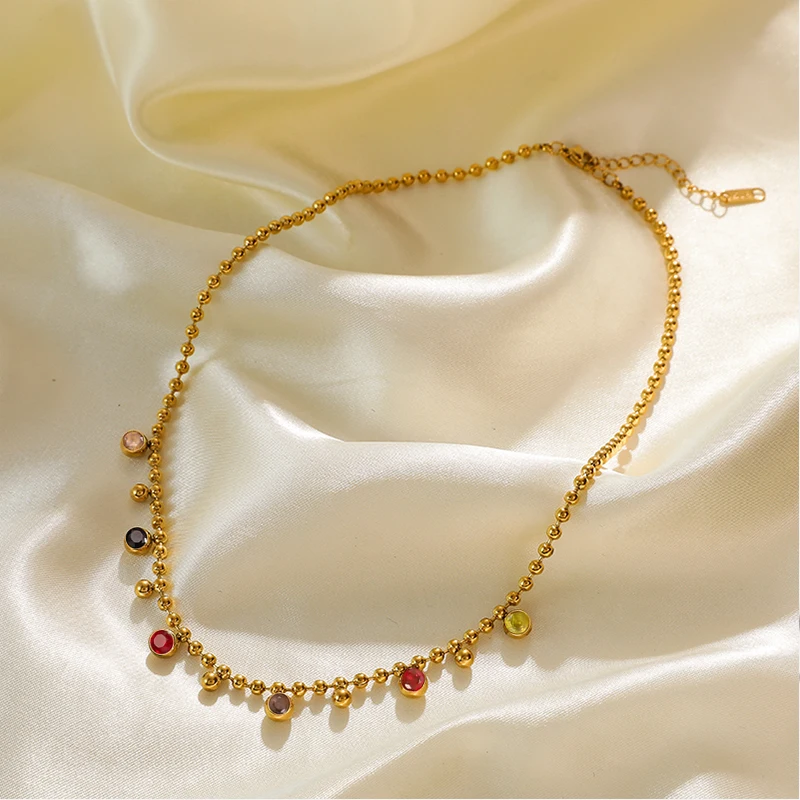 EILIECK 316L Stainless Steel Colored Zircon Crystal Beaded Necklace For Women High Quality Rustproof Neck Jewelry Girls Gift
