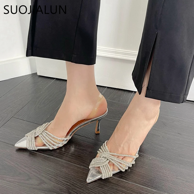 

SUOJIALUN 2023 Spring New Pointed Toe Women Sandal Shoes Thin High Heel Ladies Fashion Crystal Bow-knot Dress Party Pumps Shoes