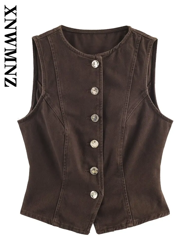 

XNWMNZ 2025 летний новый женский модный повседневный джинсовый жилет без рукавов с круглым воротником, винтажный простой осенний женский однобортный жилет