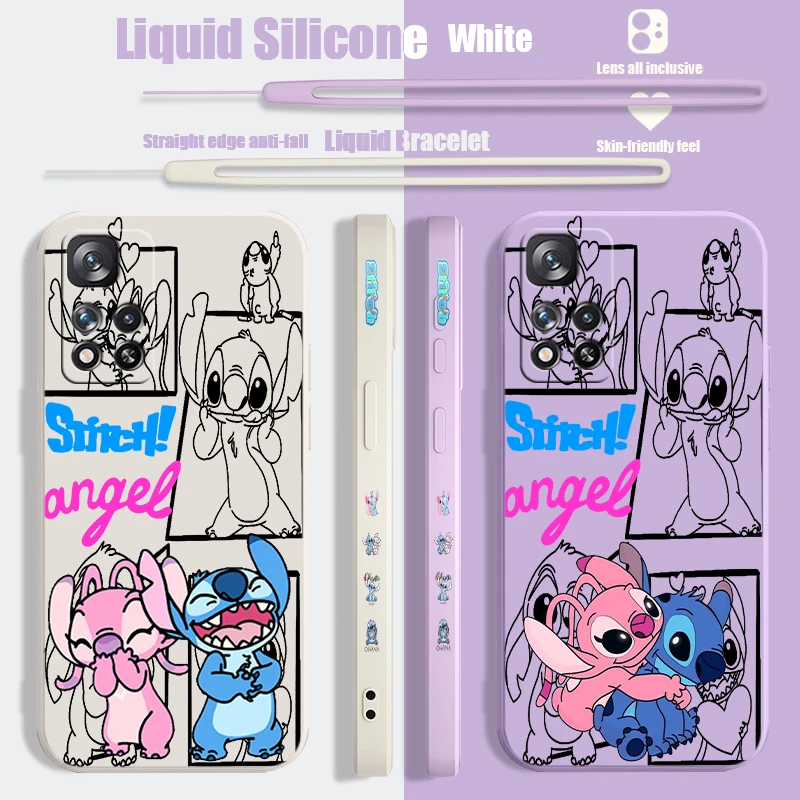 Disney Cute Stitch Angel Liquid Left Rope Phone Case For Xiaomi Redmi 6 7 A K20 40 Note 7 8 9 10 T S Lite Pro Max 5G Soft Cover