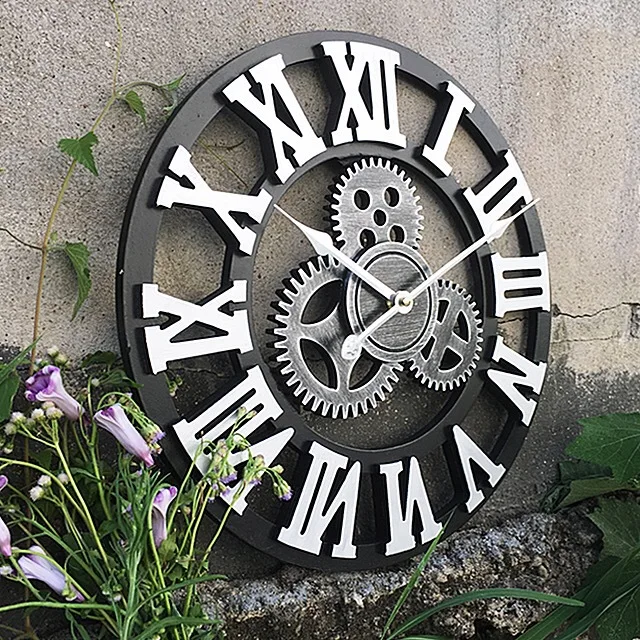 American Gear Vintage-Wanduhr, industrielle hölzerne, geräuschlose Wanduhr, Wohnzimmer, dekorative kreative Wanduhr, großes Zeitmesser