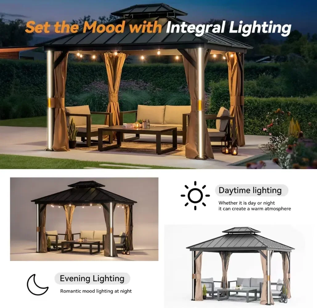 Gazebo de tapa dura con sombra moderna de 10' x 12' con 4 tiras de luces LED, cenador exterior con techo doble de acero galvanizado, patio