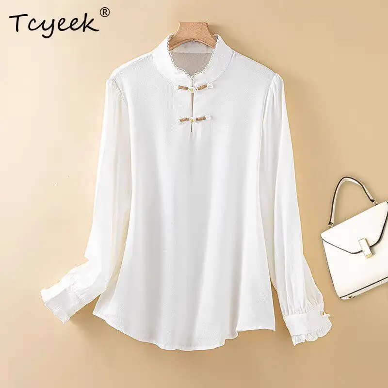 

Tcyeek 93% Mulberry Silk Blouse Women 2026 Summer Clothes Elegant Womens Shirts Long Sleeve Top Women Vintage Блузка Женская
