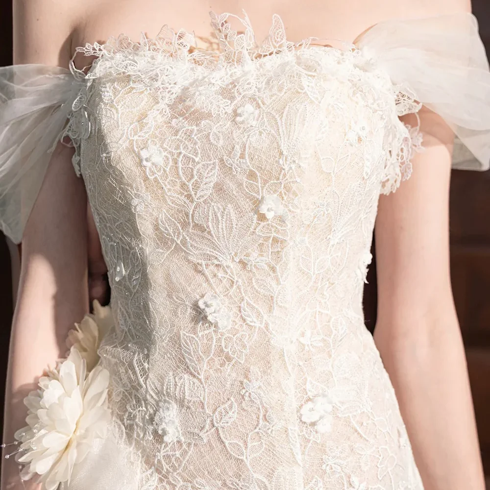 Classic Off Shoulder Appliquins Sleeveless Pleat A-Line Bride Wedding Dresses Bridal Gowns Customized